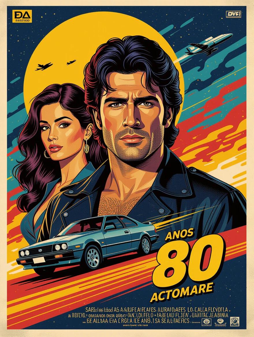 Movie poster inspired by 80s action films. Features a man with long hair styled back and a black shirt alongside a beautiful woman. Elements include a vintage car and an airplane. Dynamic colors capture the spirit of the decade. High-quality and vibrant. Full view of characters in stylish attire. Suitable for a nostalgic audience.