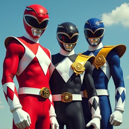 Three Power Rangers display classic costumes with vibrant colors outside against a clear blue sky