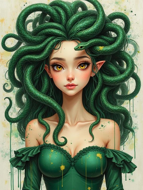 Medusa character with snakes for hair. Snakes have paint dripping from them. Woman wears an off the shoulder green dress. Light paint splatter visible on the dress. Golden eyes visible in the artwork.