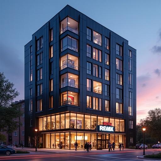 A modern office building features a showroom located on the basement floor with a real estate company named RE/MAX ADORA. The illuminated sign is visible as people pass by at sunset, and street lights are on.