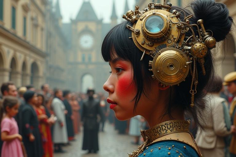 A vibrant image featuring a figure with elaborate steampunk headgear in a bustling costumed gathering. The setting includes European-style architecture. The scene has a dreamlike quality with intricate details and striking colors.