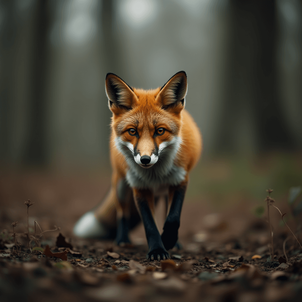 A red fox prowling through a foggy forest with attentive eyes.