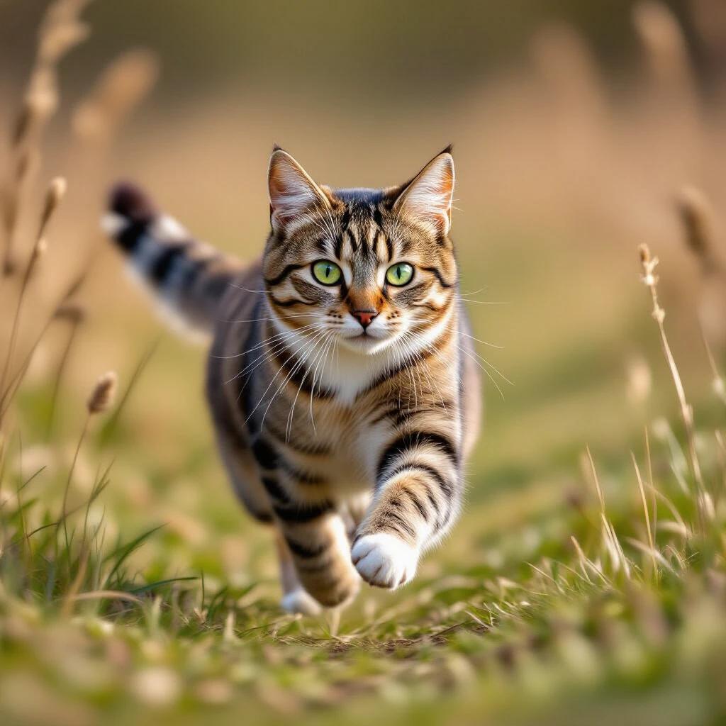 Striped cat with green eyes runs through a grassy field. The cat moves gracefully with a joyful expression. The background is blurred, highlighting the cat's vibrant fur and lively demeanor.