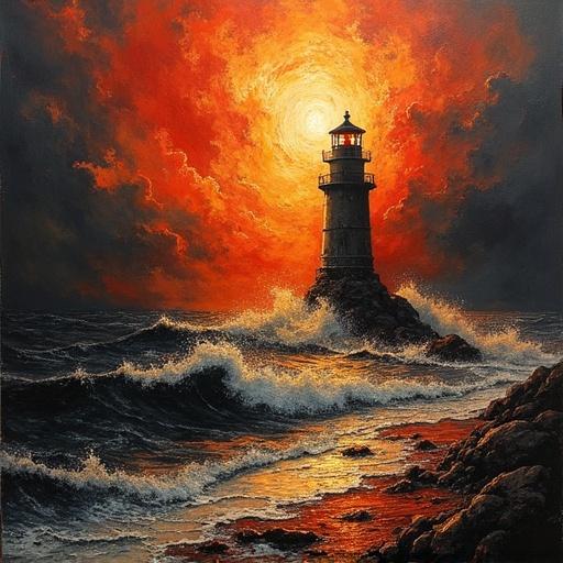 Lighthouse with beams resembling magma during a night storm. Acrylic painting in marine expressionist style. Dark waves and a fiery sky create a dynamic atmosphere. Deep colors like black and red dominate.