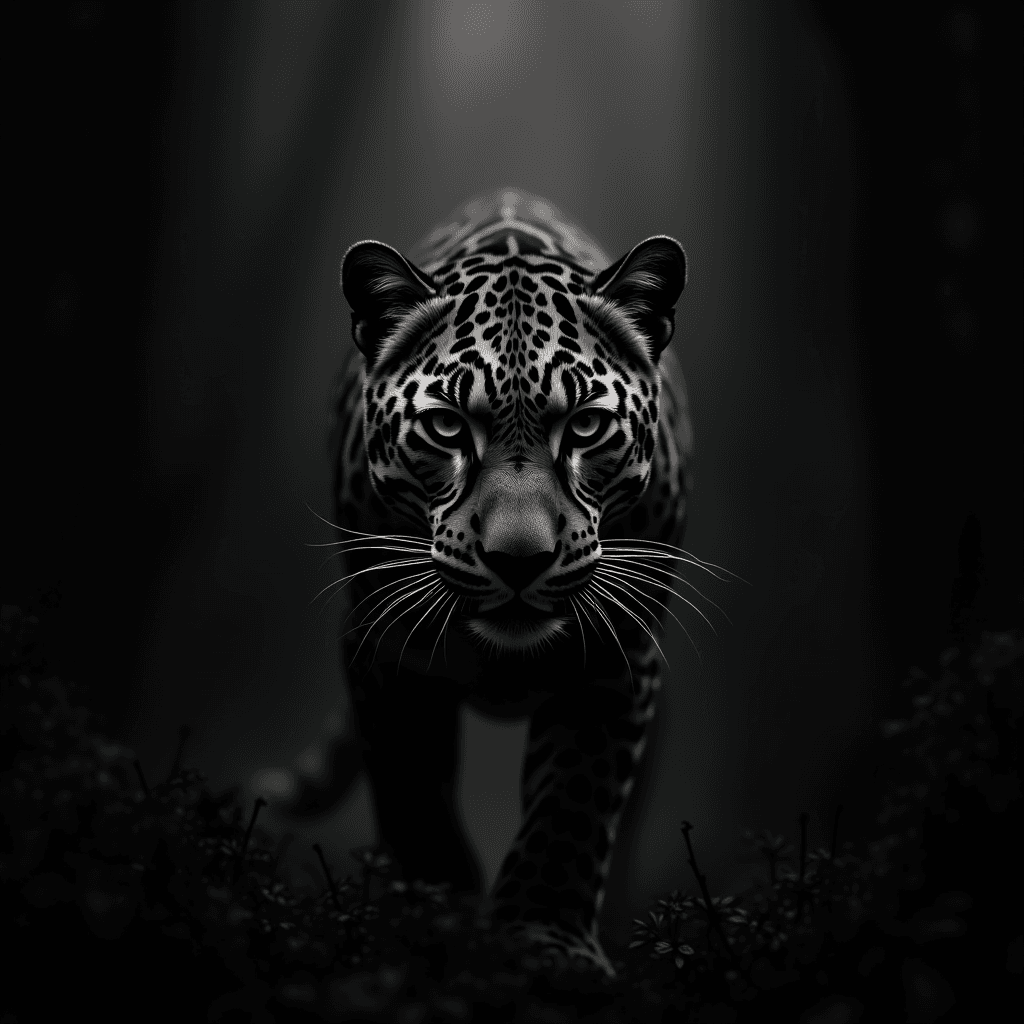 A jaguar, with intense eyes and striking spots, moves stealthily in a dark forest.