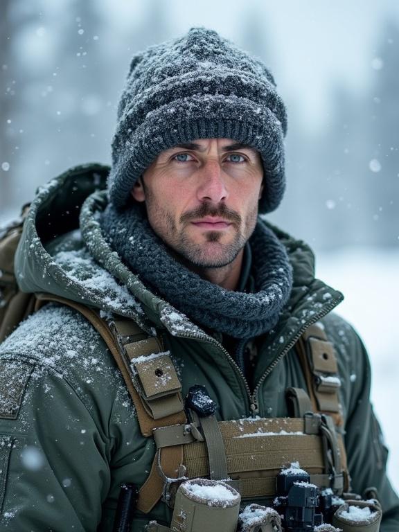 Photo portrait of a man in military gear in snowy conditions. He wears a hat and scarf. Snowflakes fall around him.