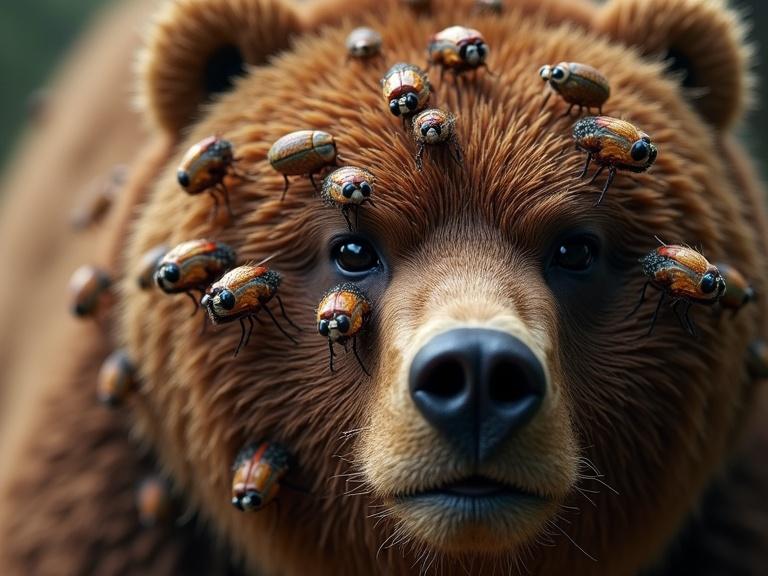 Extreme close-up of a bear's fur. Thick tangled brown hair. Highly detailed and photorealistic. Crawling with oversized cartoonish fleas. Fleas have funny exaggerated expressions. Some wear tiny hats or glasses. Vivid colors. High-detail texture on fleas and fur. Whimsical tone. Shallow depth of field. Cinematic lighting. Macro photography style. 85mm lens.