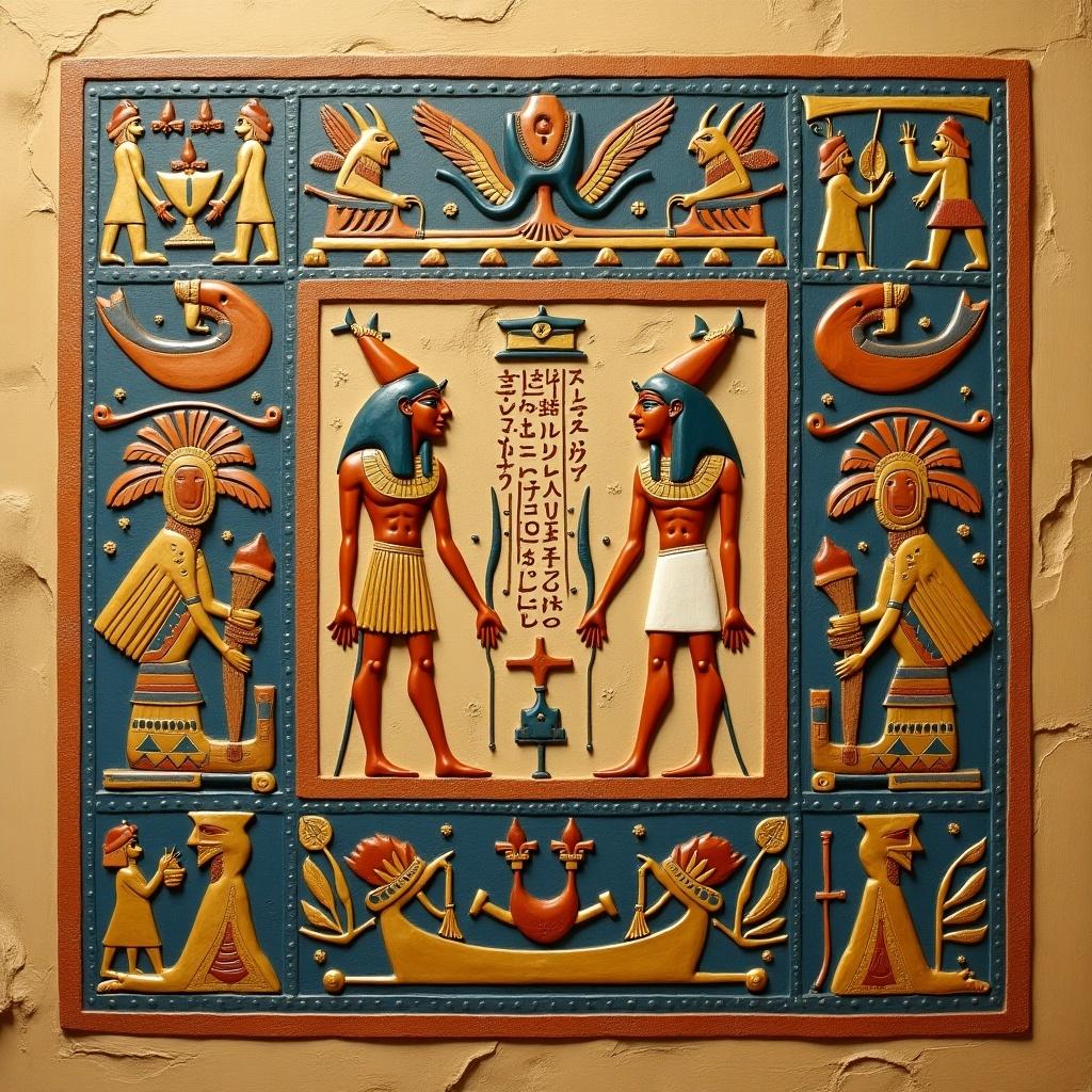 This image displays an intricately designed wall relief inspired by ancient Egyptian art. The central focus features two pharaohs standing side by side, each adorned in traditional attire. They are depicted in vibrant colors, such as gold and turquoise, which highlight their importance. Surrounding the pharaohs are various symbols and hieroglyphs, including a cartouche, which represents royal names. The overall style is reminiscent of ancient Egyptian craftsmanship, showcasing the culture's deep historical roots.