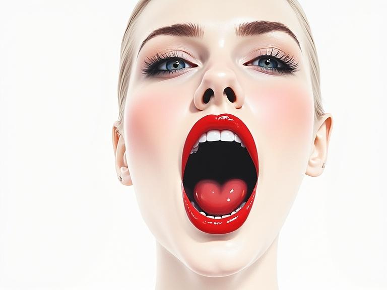 Mixed media artwork showing a woman's face with an open mouth. Background is white. Woman has red lipstick. Artwork style is modern and minimalistic.