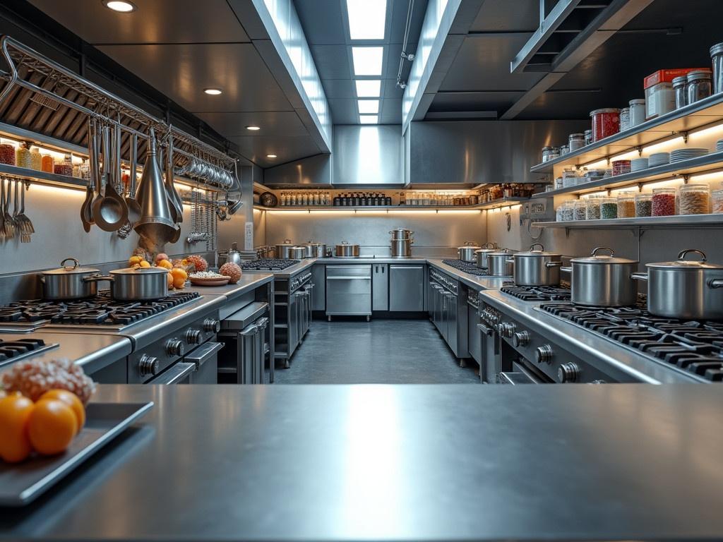 View of a modern professional kitchen. The kitchen features sleek stainless steel countertops and equipment. There are multiple cooking stations with gas burners and large pots. Shelves filled with cooking utensils and ingredients line the walls. The space is well-lit, highlighting the organized and hygienic design.