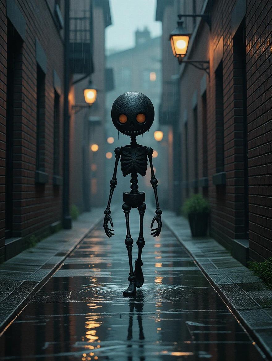 Fine art photograph of a small stick man skeleton figure walking through a gloomy, wet alley. Scene set during rain with drizzling droplets creating a reflective surface. Captures warm dark tones and soft contrasts to evoke a moody atmosphere reminiscent of neo-noir style.