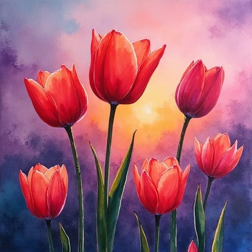Original hand-painted watercolor artwork featuring tulips. Painted by Robert C. Murray II on 140 lb. Museum Arches paper. Layered with Winsor & Newton colors. Distinctive hues range from deep red to purple and pink. Captivating illumination resembling sunrise and sunset.