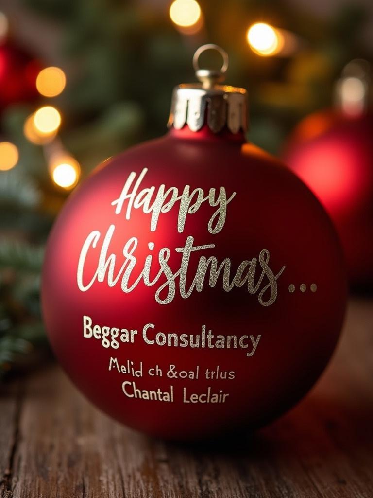 Close-up view of a red Christmas bauble featured prominently. The text displays 'Happy Christmas...' along with names. Background lights twinkle, adding a festive atmosphere suitable for holiday cards and decorations.