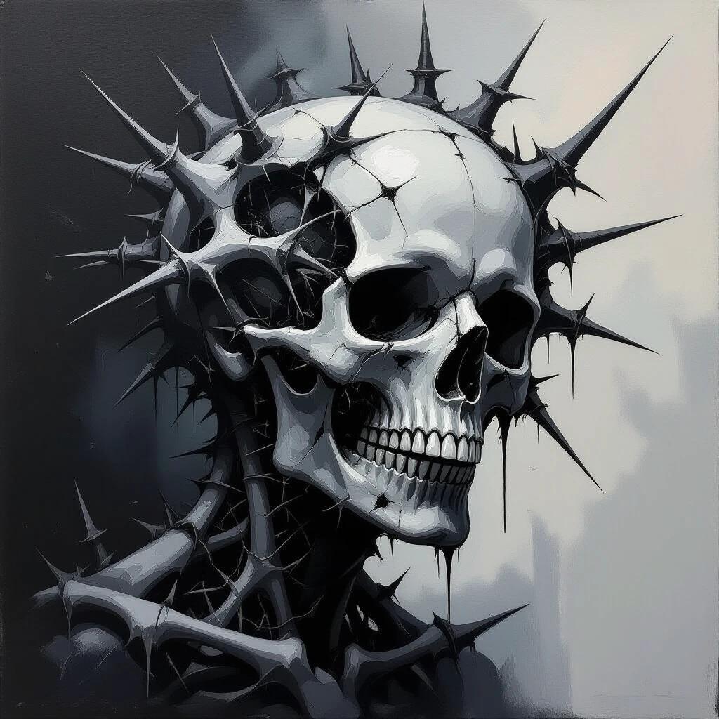 Oil painting depicting a skull surrounded by thorny spurs and organic connections. The colors are monochromatic with shades of charcoal, white, and black. The brushwork is thick and textured, creating physical shadows. The style is raw, focusing on form and texture.