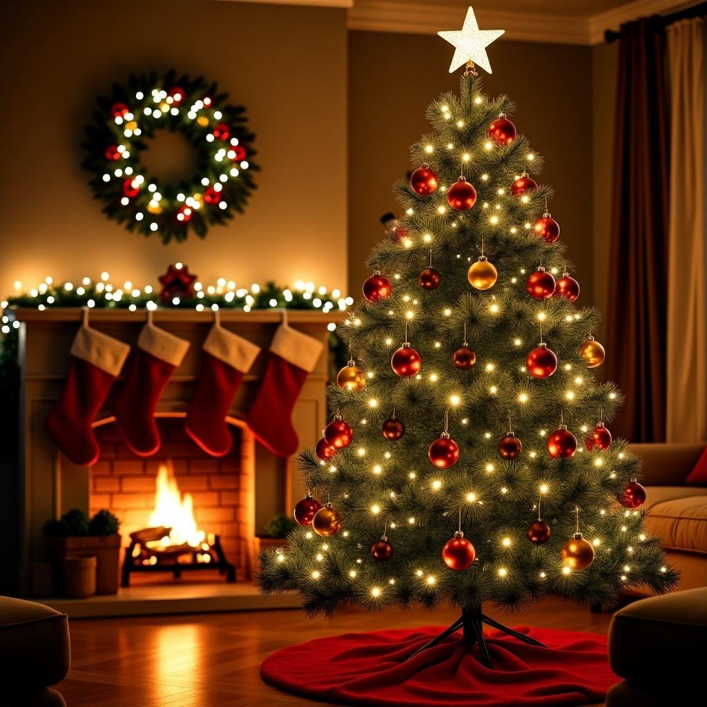 A cozy living room with a beautifully decorated Christmas tree. The tree features red and gold ornaments and twinkling lights. A fireplace with gifts and stockings is visible. A Christmas wreath hangs on the wall, enhancing the festive mood.