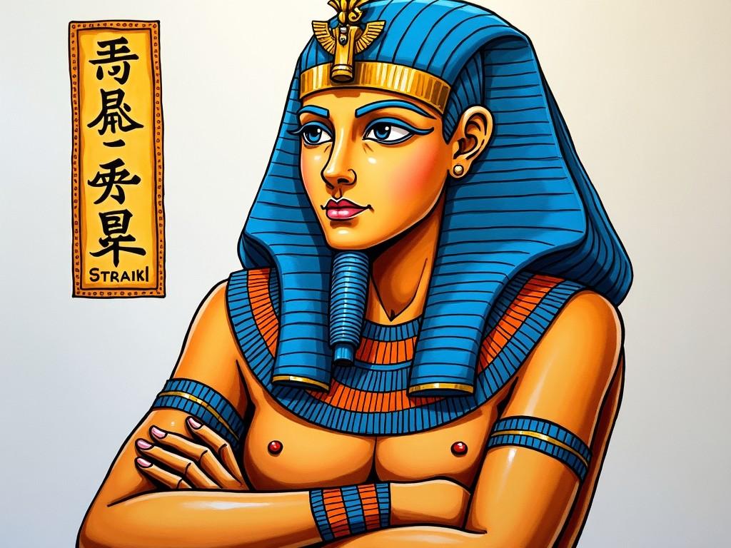 The artwork illustrates a woman in Egyptian style, inspired by traditional sarcophagus designs. She features a beautifully detailed headdress and colorful patterns typical of ancient Egypt. The image incorporates symbols relevant to the creator, including personal representations alongside Egyptian motifs. A cartouche with her name in hieroglyphics enhances the authenticity of the illustration. The combination of markers and colored pencils creates vibrant layers, making the character pop against the subdued background.