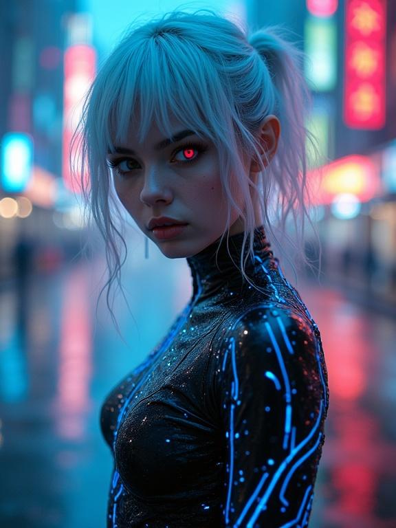 Cinematic portrait of a young woman in a striking cyberpunk aesthetic. She has choppy silver hair with glowing blue fiber optic cables. Her piercing red eyes focus intensely on the viewer. She wears a black bodysuit adorned with pulsing neon circuitry. The backdrop shows a futuristic city with neon signs and a rain-slicked urban landscape.