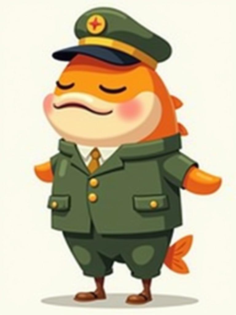 Cartoon large fish character wears military uniform. Fish has a sleepy expression. Character stands relaxed with hands behind head. Bright colors and playful elements are featured. Suitable for children's media.