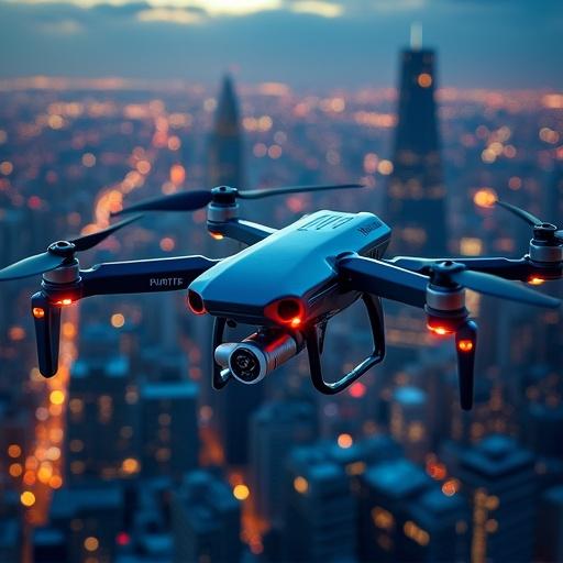 A drone equipped with a camera hovers in the sky above a vibrant city skyline during twilight. City lights shimmer below the drone. The scene captures technological advancement in urban areas. The drone represents innovation in aerial detection.
