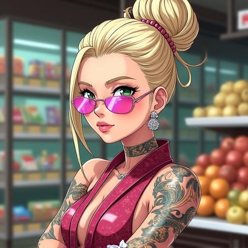 Anime character depicted in a modern grocery store. Woman with light blonde French bun and pink sunglasses. Highlighted cybernetic right leg. Wearing shiny shorts and a printed shirt. Features include vibrant tattoos and striking emerald green eyes. Cultural blend of Japanese and Saiyan heritage. Character exudes an A-list celebrity vibe.