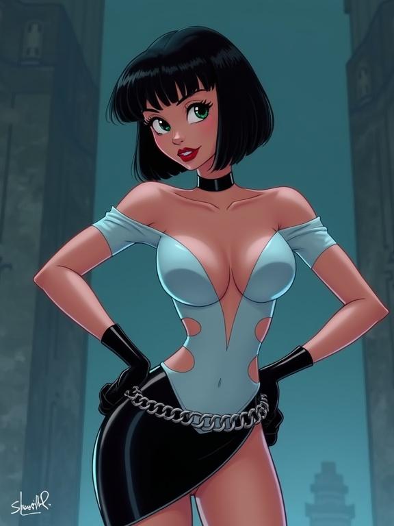 Character in Disney style with short black hair. Wears a light blue cut-out bodice. Dressed in an elegant black latex outfit with an asymmetrical skirt and chain belt. Poses dynamically. Cinematic lighting adds aesthetic appeal.