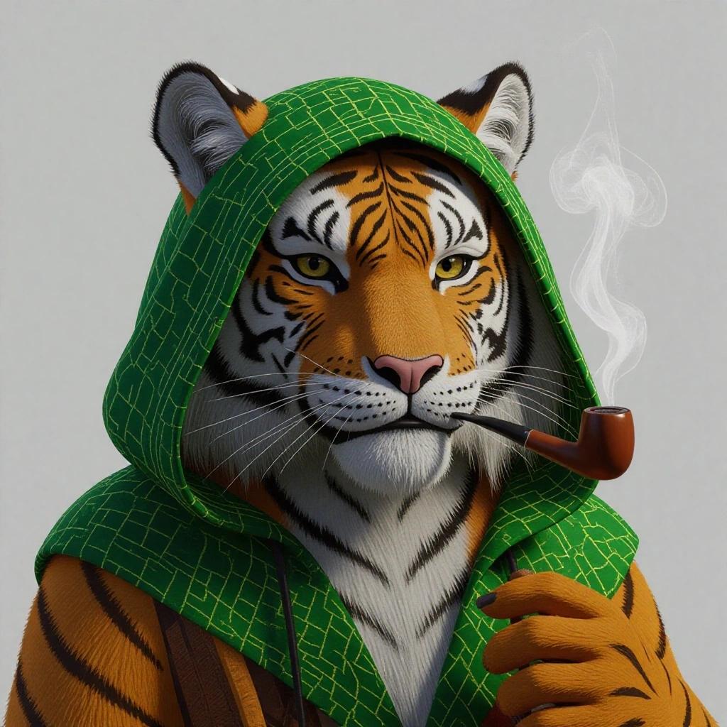 Image of a fantasy-themed anthropomorphic tiger wearing a hood and smoking a pipe. The artwork emphasizes style and character features.