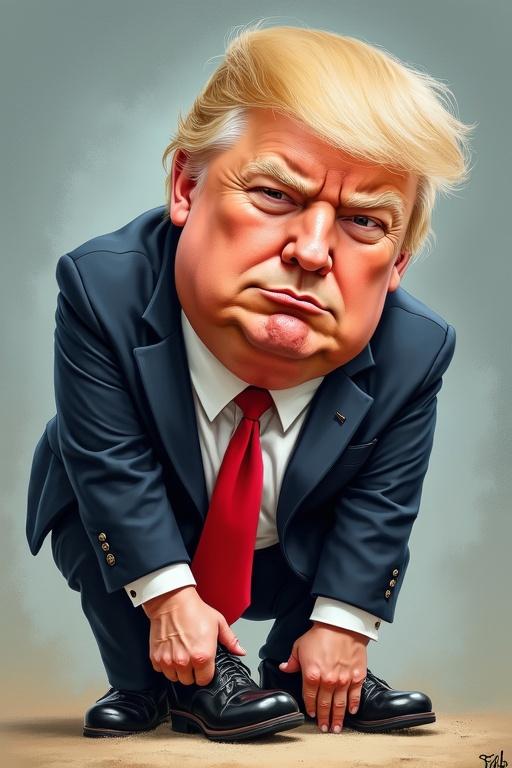 Caricature of a person in a suit kneeling to tie shoe. The character's exaggerated features highlight a comical style. The setting reflects a playful and critical political commentary.