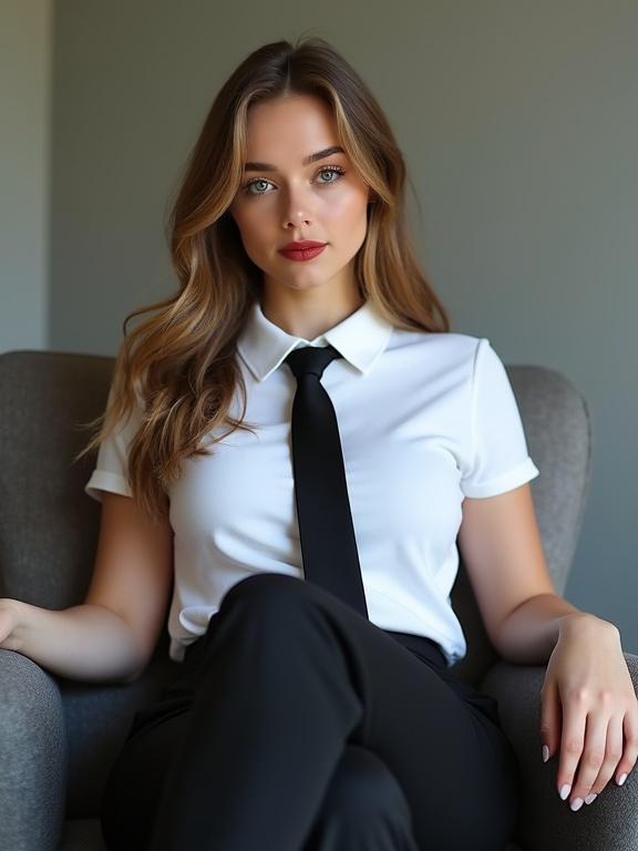 Young woman in business attire sitting in a chair. White polo shirt with black tie. Black trousers. Long flowing light brown hair. Blue eyes. Thin deep red lips. Legs crossed. Realistic style.
