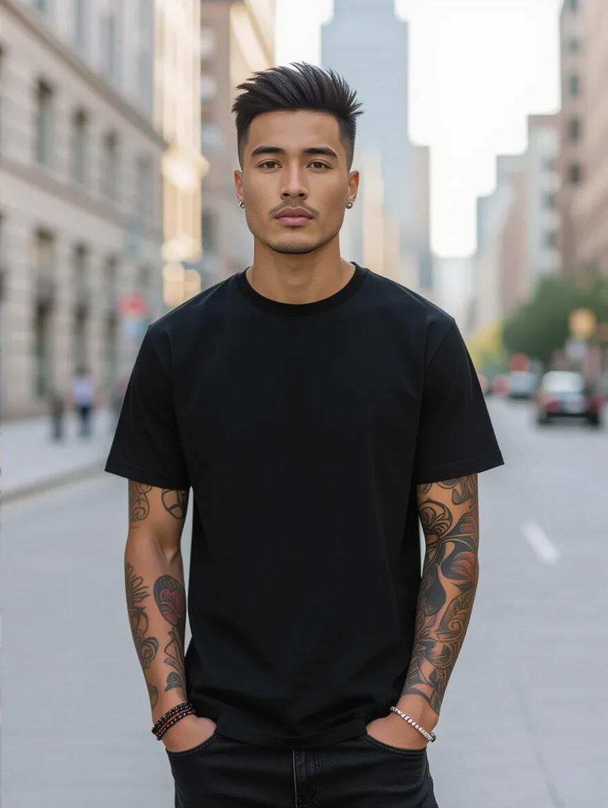 Young stylish African man standing casually in a city. He wears a plain black T-shirt and has colorful tattoo sleeves on both arms. The setting is urban with smooth soft daylight lighting.