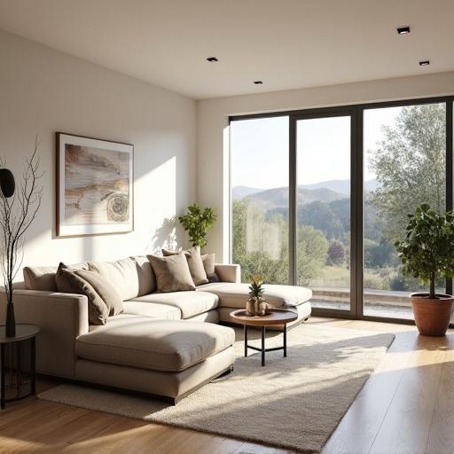 Image depicts a minimalist living room featuring a large couch. The design showcases bright natural light streaming through large windows. Modern decor elements enhance the aesthetic. Outdoor views are visible through the windows.