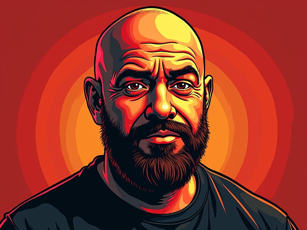 Transform the image into a style inspired by The Joe Rogan Experience podcast logo. Focus on bold red and orange tones that pop, giving a vibrant feel. Use exaggerated cartoonish details to bring the character to life, emphasizing high contrast and thick black outlines. Maintain an intense and slightly exaggerated facial expression to convey strong emotions. Incorporate a psychedelic or surreal edge to the design while preserving the overall likeness, enhancing features to match the signature stylized aesthetic.