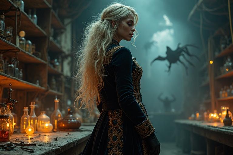 Ruined Victorian laboratory at midnight. Brooding steampunk necromancer conducts forbidden experiments. Long ash-blonde hair swept by eerie wind. Worn velvet coat with intricate details. Glowing vials and tarnished gears illuminate space. Shadows of half-formed automatons linger.