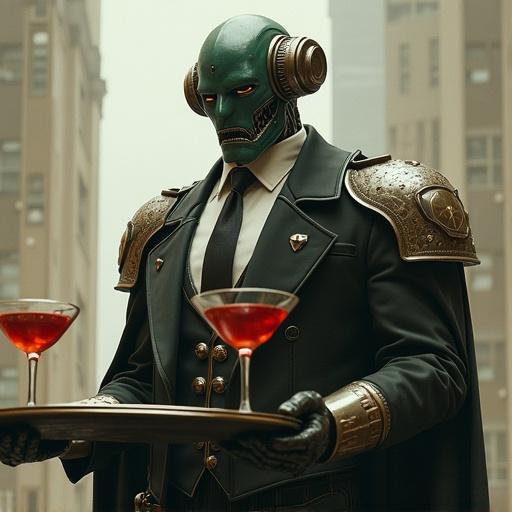 Gigantic dangerous looking battle android in full butler gear. The android is holding a tray with two martinis. The setting is a futuristic city with tall buildings in the background.
