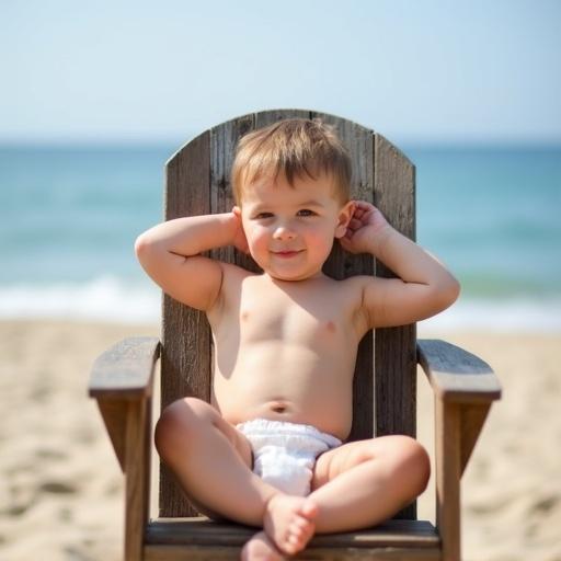 Picture of a small infant on a wooden chair at beach. Child is away from parents. Close-up shot. Infant has legs crossed. Hands are behind head. Relaxed pose. Wearing only a diaper.