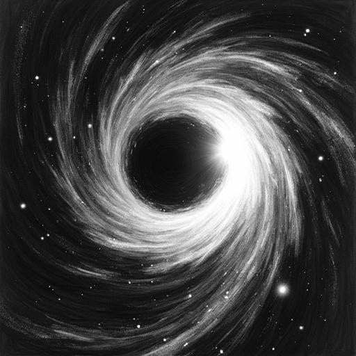 Black and white graphite sketch depicts a spiral white hole in a dark interstellar space.