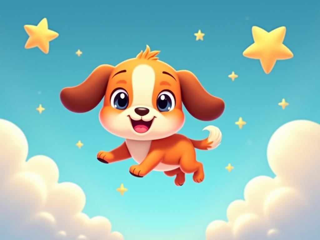 This image depicts a cute cartoon puppy leaping joyfully amidst a bright, blue sky. The puppy has a cheerful expression, with big, sparkling eyes and a friendly appearance. Surrounding the dog are fluffy white clouds and twinkling yellow stars, creating a whimsical atmosphere. The colors are vivid and inviting, making it appealing to children. This illustration could be used for various children's media and products.