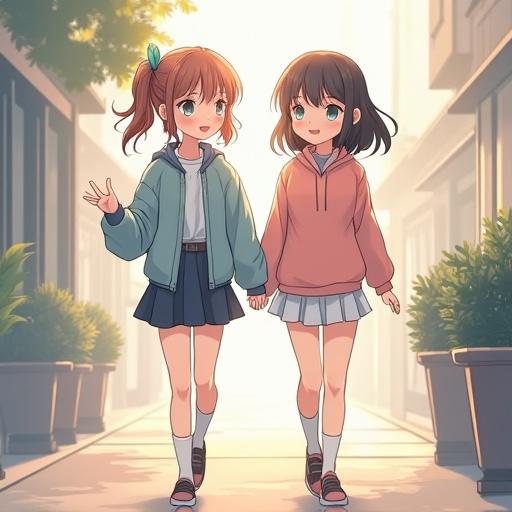 Two cute anime-style girls walk together in a warm urban setting. They hold hands. One wears a hoodie and the other a sweater. Soft sunlight illuminates the scene.