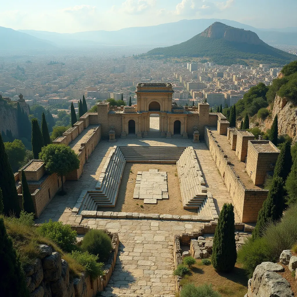 An aerial view of an ancient Greek city unfolds before you. The scene features grand stone structures with intricate architecture. Lush greenery surrounds the ruins, complementing the earthy tones of the stone. In the background, a mountainous terrain adds depth to the landscape. Soft light bathes the area, creating a serene atmosphere that invites exploration of a lost civilization.