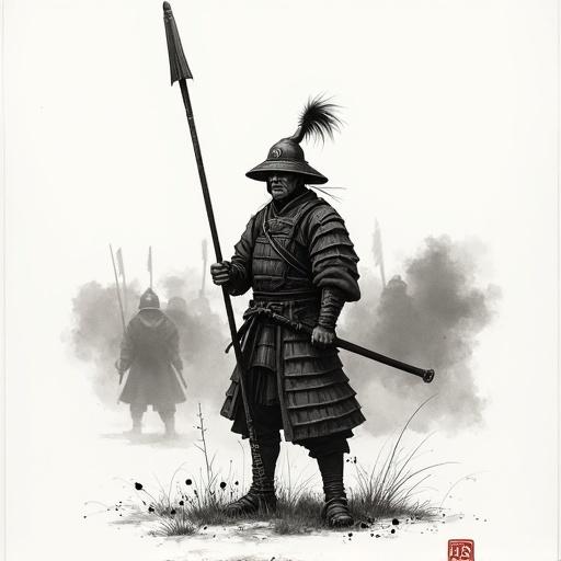 A traditional ink wash style illustration of a Japanese foot soldier from the Sengoku period. The soldier stands confidently with a spear held vertically, showing determination on his expressive face. The brush strokes have a textured look typical of sumi-e, evoking movement with a blurred background suggesting a battlefield. The artwork is rendered in black and white to emphasize its historical gravity.
