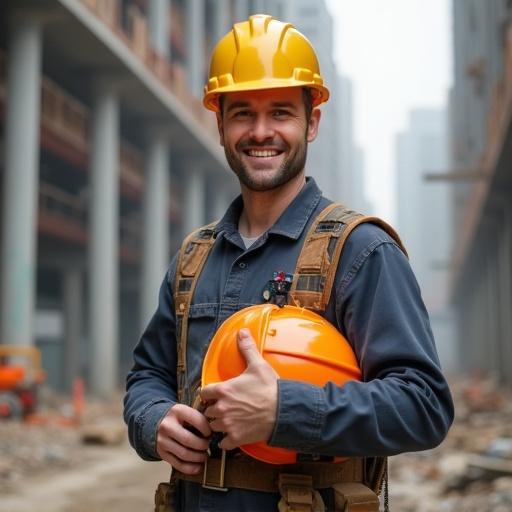 Dedicated construction worker stands confidently at an active worksite. Worker holds hard hat in one hand. Tools visible on the tool belt. Construction site background shows ongoing work with machinery and structures.