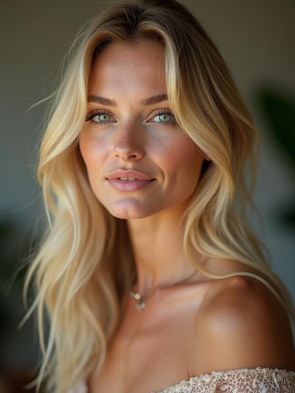 Portrait of a beautiful blonde woman with natural makeup. Captivating green eyes and soft blonde hair. Warm background with a natural vibe.