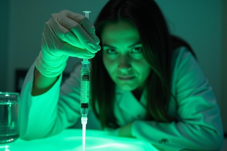 Close-up shot of a doctor's gloved hand lifting a glowing green syringe in a sterile lab. Dimly lit environment with an eerie green hue reflects off the scientific equipment. White medical dress and a focused expression are partially visible as she leans forward.