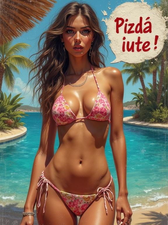 3D design of a woman in a beautiful bikini in a luxurious tropical setting with a speech bubble saying 'Pizdă iute'.