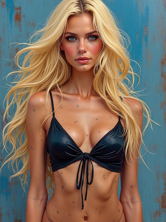 Impressionist painting of a blonde woman with smoky eye makeup, wearing a form-fitting black top. Long hair and legs make up the character. Vivid colors and bold brushstrokes suggest texture.