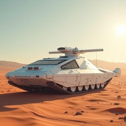 A realistic detailed huge sci fi tank. It has a bevel blocky sleek design. The tank is white with a flat rectangular gun on top. Located on a sunny planet with shadows, textures, and specular effects.