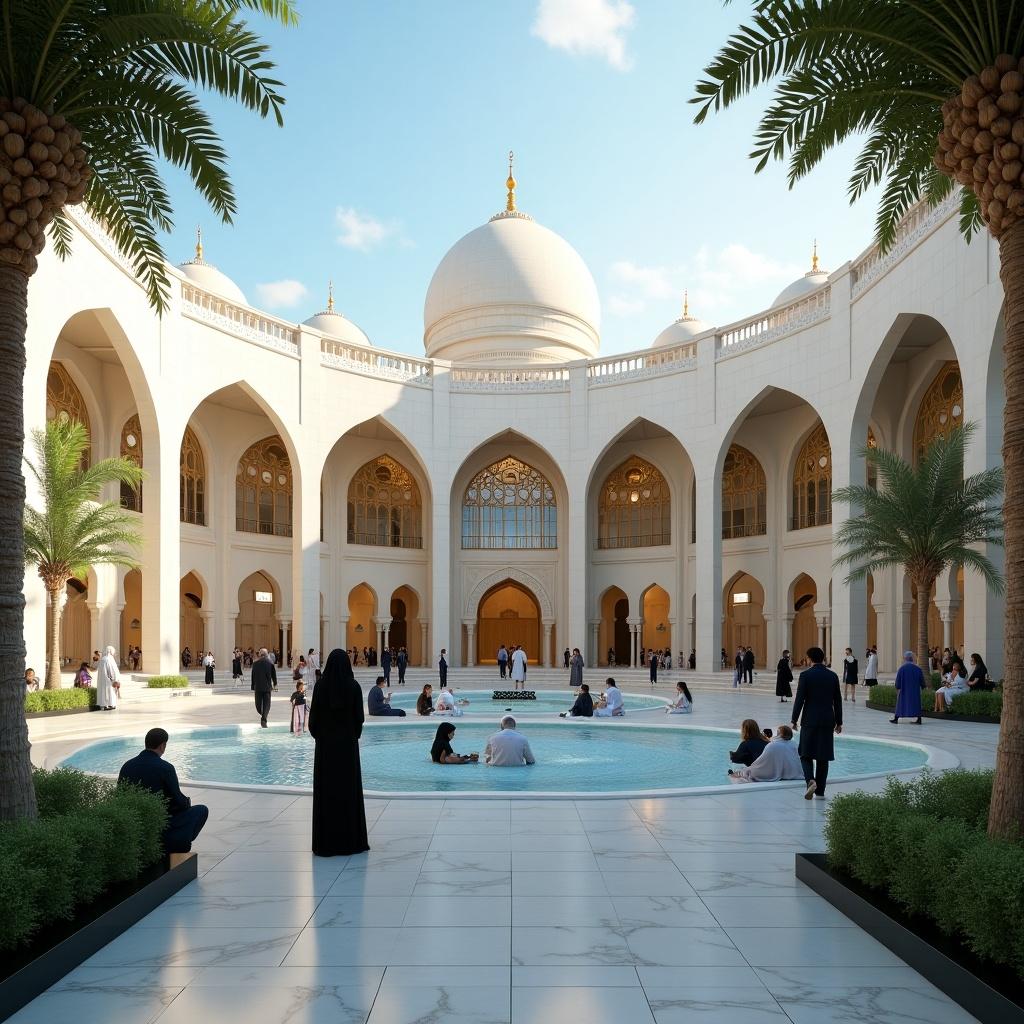 The image depicts a modern Islamic school courtyard with a central pool. People are gathered around the pool, showcasing a blend of traditional and contemporary architecture. Lush palm trees and bright skies enhance the serene atmosphere. The setting reflects education and community engagement in a cultural context.