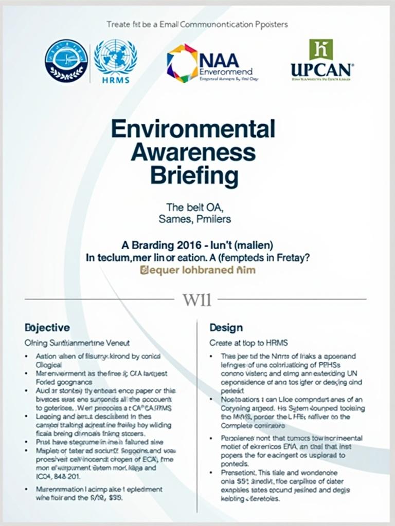 Design a promotional poster for Environmental Awareness Briefing at ECA. Include content about sustainable development, HRMS branding, and the UN Environmental Policy. Ensure visually appealing design.