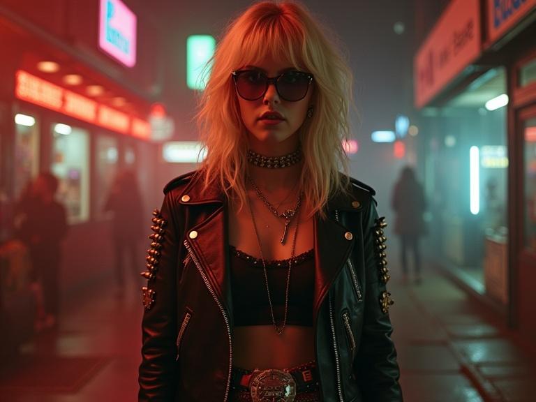 80s heavy metal inspired woman poses in a leather jacket with studs. She has blonde hair and wears sunglasses. Neon lights and urban atmosphere create a moody background.