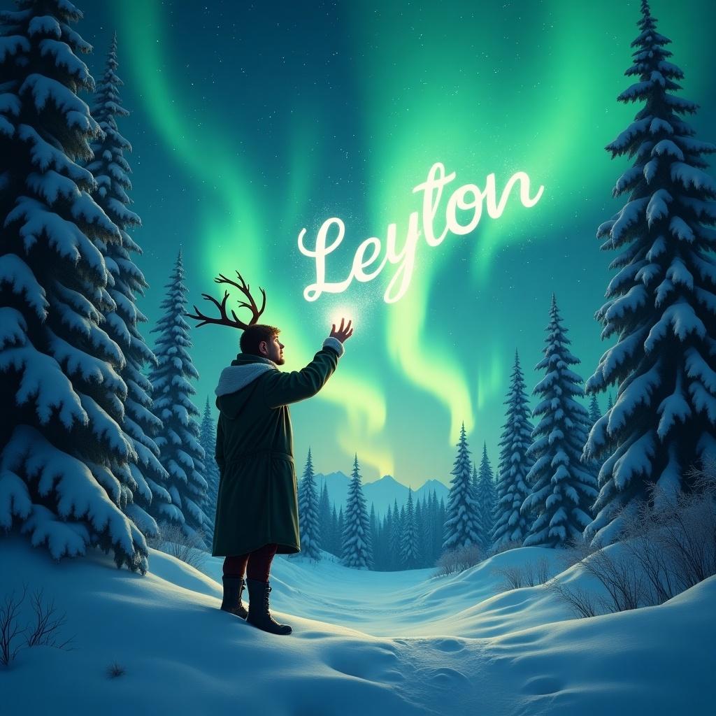 A mystical scene depicts an elf standing in a snow-covered forest. The vibrant northern lights illuminate the sky in shades of green and blue. The elf, adorned with antlers, gazes in awe at the spectacle above. Snow-laden trees surround him, creating a serene winter wonderland. Using a magic wand, the elf elegantly writes the name 'Leyton' in the air, enhancing the magical atmosphere.