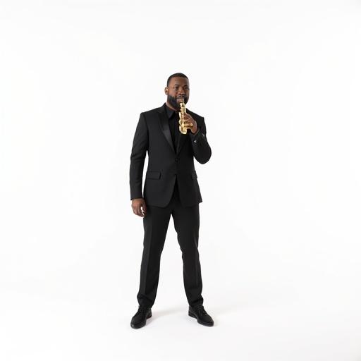 A full body musician stands straight on a white background. The musician wears a black suit and holds a saxophone elegantly. The image emphasizes a professional appearance.